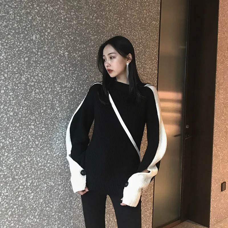 

Women Warm Thick Elasticity Sweater Black&White Color Blocking Long Sleeve Hollow-Out Cuff Tops Elegant Pullover Knitted Jumper