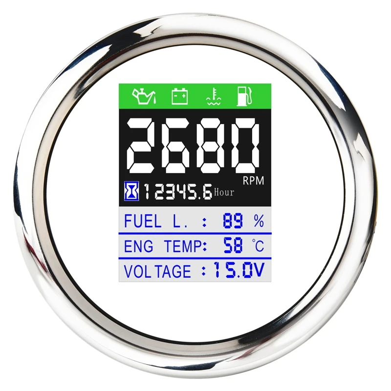 85MM 6-in-1 Multi-Functional Digital Tachometer Fuel Level Water Temp Oil Pressure Gauge Voltmeter Hourmeter Alarm
85MM 6-in-1 Multi-Functional Digital Tachometer Fuel Level Water Temp Oil Pressure Gauge Voltmeter Hourmeter Alarm
