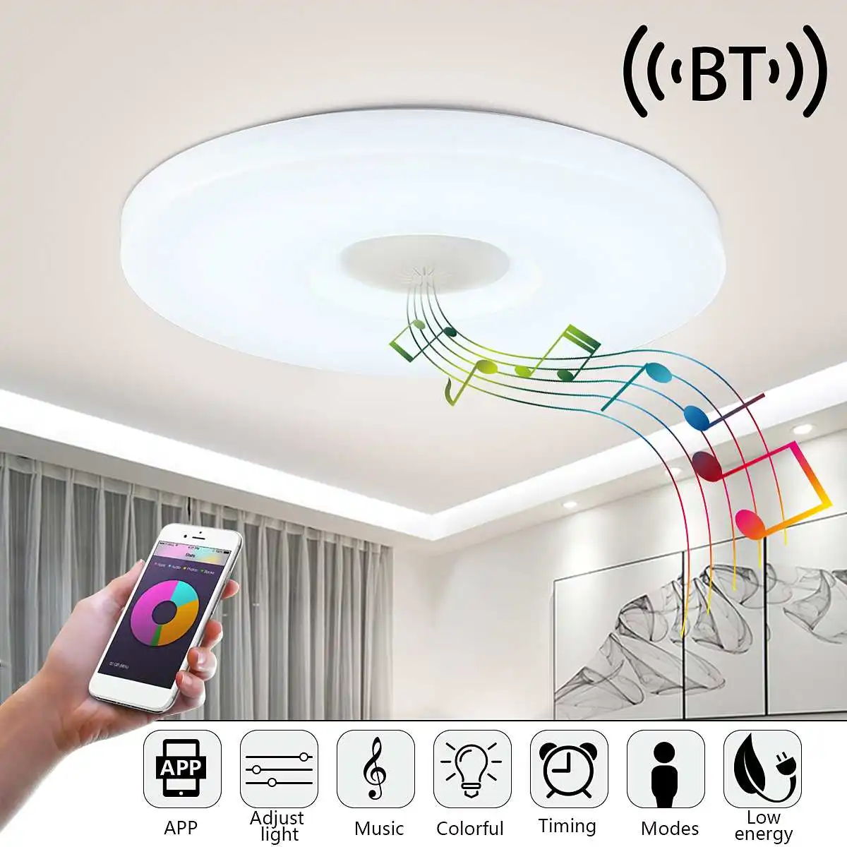 Домашняя лампа 24 Вт/36 Вт, светодиодный музыкальный потолочный светильник с регулируемой яркостью, с дистанционным управлением через приложение, цветной потолочный светильник с Bluetooth-динамиком
Домашняя лампа 24 Вт/36 Вт, светодиодный музыкальный потолочный светильник с регулируемой яркостью, с дистанционным управлением через приложение, цветной потолочный светильник с Bluetooth-динамиком