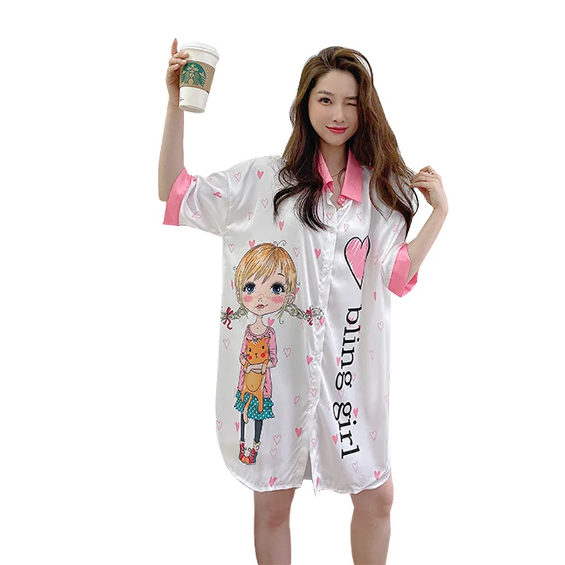 Lapel Women Sleepwear Satin Sleepshirt Girl Printed Love Nightgown Loose Thin Kimono Robe Gown Sexy Button-Down Sleepdress
Lapel Women Sleepwear Satin Sleepshirt Girl Printed Love Nightgown Loose Thin Kimono Robe Gown Sexy Button-Down Sleepdress