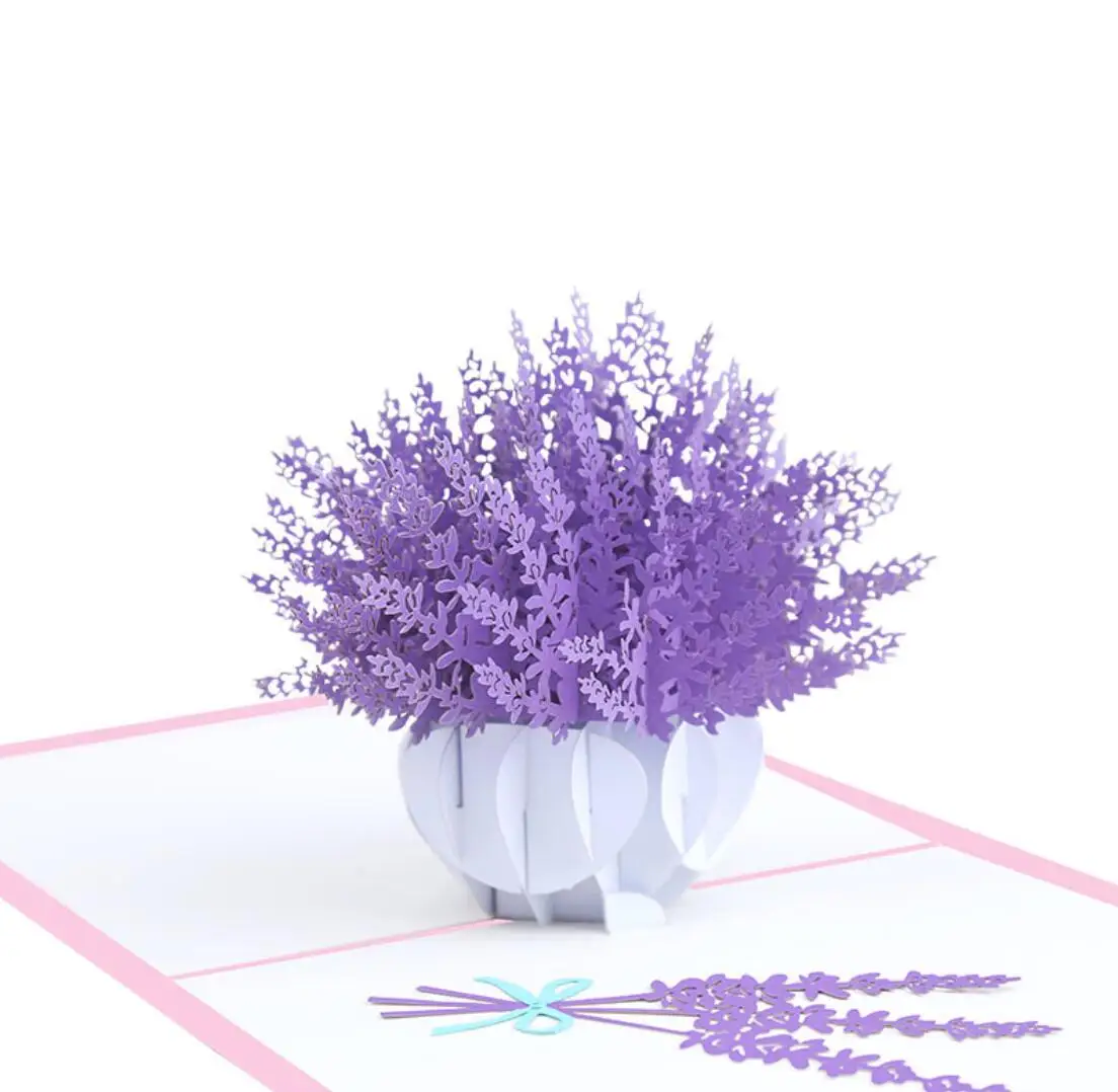 

Free shipping 5pcs/lot 3D Handmade Purple Lavender Vase Paper Greeting Card PostCard Kids Birthday Party Girlfriend Valentine's