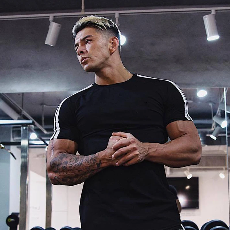 Man's Running T-shirt Man Black Branded Compression White Stripes Sporting Sportswear Gym Clothing Sports Shirts T Shirt For Men
Man's Running T-shirt Man Black Branded Compression White Stripes Sporting Sportswear Gym Clothing Sports Shirts T Shirt For Men