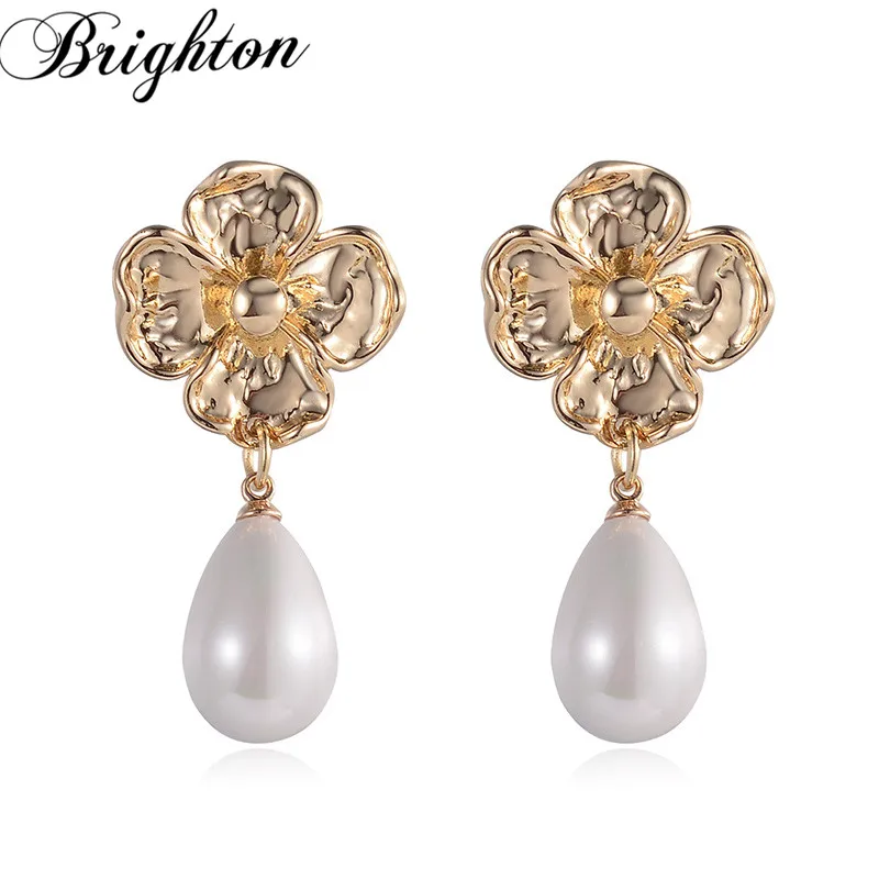 

Brighton Elegant Simulated Pearl Drop Dangle Earrings For Women Fashion Party Petal Metal Brincos New Trendy Jewelry Bridal Gift