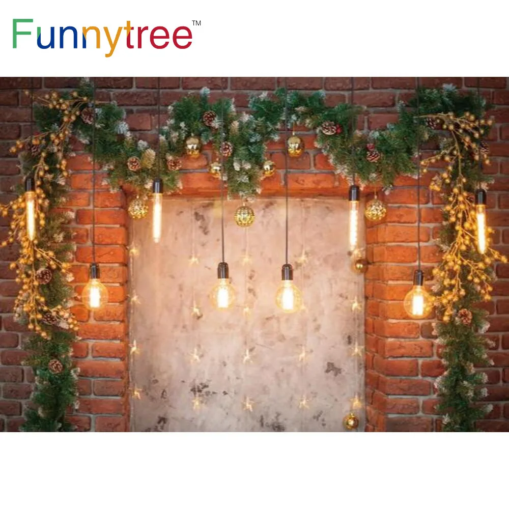 

Funnytree Merry Christmas Party Winter Background Lights Banner Branches New Year Gold Bells Brick Wall Photo Shoot Backdrop