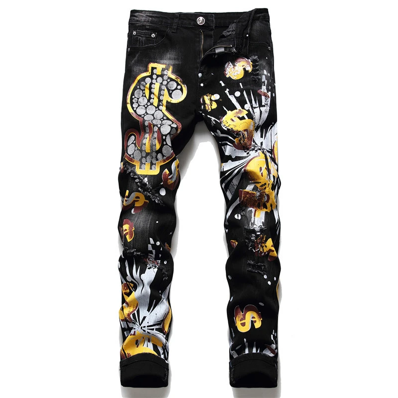 

2021 Autumn Winter New Men's Slim PP Wash Jeans Black Print Broken Hole Pants Fashion Paint Print Pants Ripped Denim Trousers