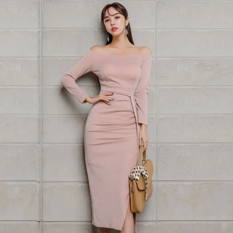 Sexy Slash neck Split Pencil Dress Women Mid-calf Bodycon Sheath Dresses Elegant Korean Chic Office Work Party Vestidos Female
Sexy Slash neck Split Pencil Dress Women Mid-calf Bodycon Sheath Dresses Elegant Korean Chic Office Work Party Vestidos Female
