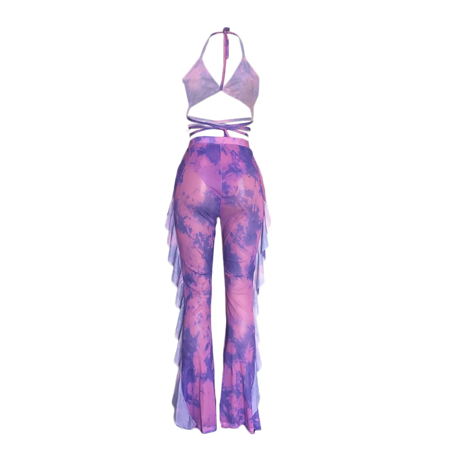 Women's Two Pieces Latest Design Summer Beach Sexy Bikini Party Dress Outfits Jumpsuits Crop Tops And Ruffle Long Pants Sets