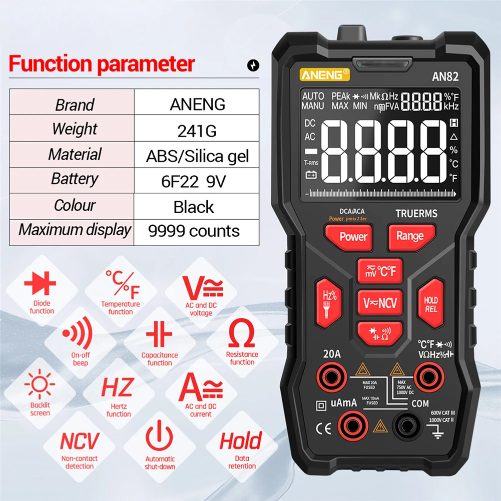 ANENG AN82 9999 Counts Digital Multimeter Auto Ranging Electrical Tester Portable Ture RMS AC/DC Ammeter Voltage Meter
ANENG AN82 9999 Counts Digital Multimeter Auto Ranging Electrical Tester Portable Ture RMS AC/DC Ammeter Voltage Meter