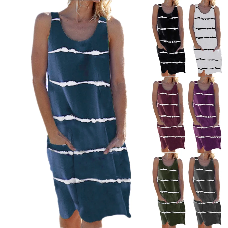 Women Sexy Deep summer women's clothing round neck print striped pocket vest dress pullover loose large size
Women Sexy Deep summer women's clothing round neck print striped pocket vest dress pullover loose large size