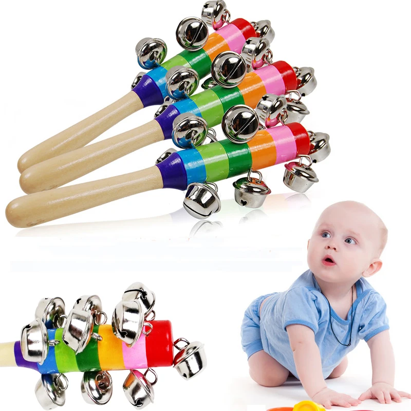 

1 Pc Wooden Stick 10 Jingle Bells Rainbow Hand Shake Bell Rattles Baby Kids Children Educational Toy
