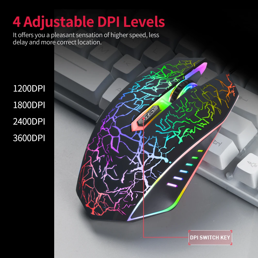 

Wired Gaming Mouse 3600DPI Ergonomic Mouse Optical Mouse 4 Adjustable DPI levels/ 6 Buttons/ 7-color Breathing Light, Black