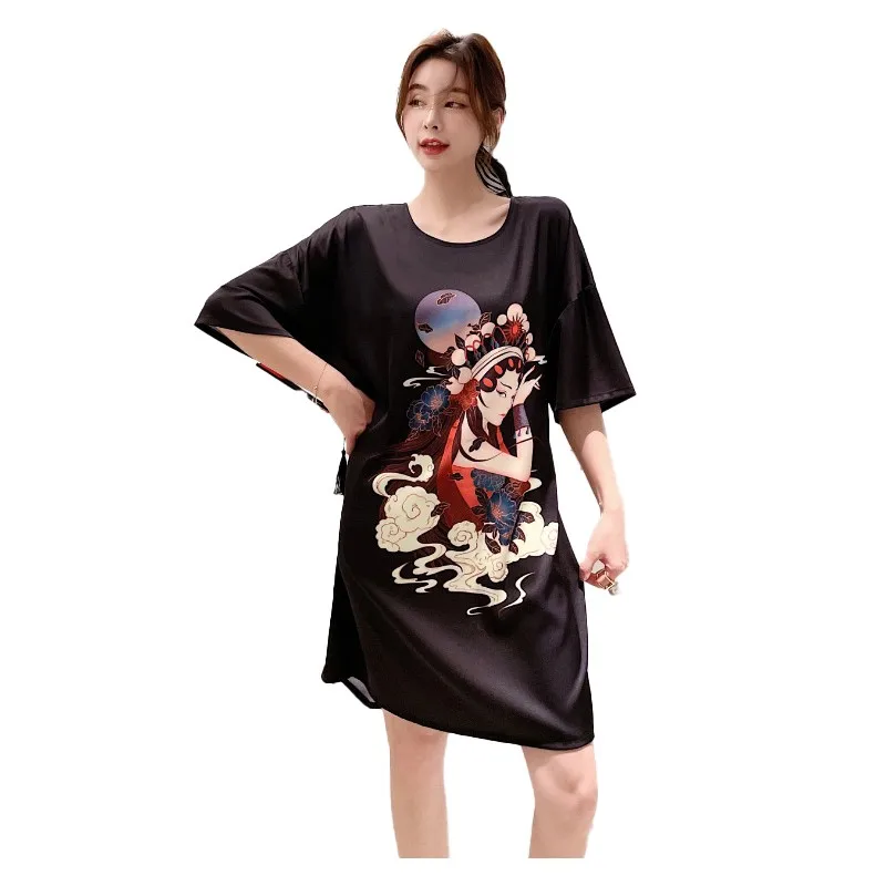Sexy Ladies Silky Ice Silk Nightgown Summer New Loose Sleepshirts Short Sleeve Night Dress Beijing Opera Printing Sleepwear
Sexy Ladies Silky Ice Silk Nightgown Summer New Loose Sleepshirts Short Sleeve Night Dress Beijing Opera Printing Sleepwear