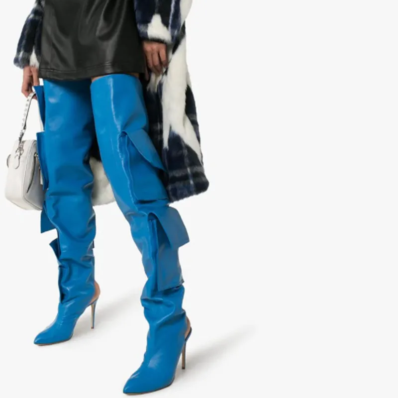 Темно синие кожаные дизайнерские женские сапоги выше колена Новинка Обувь с