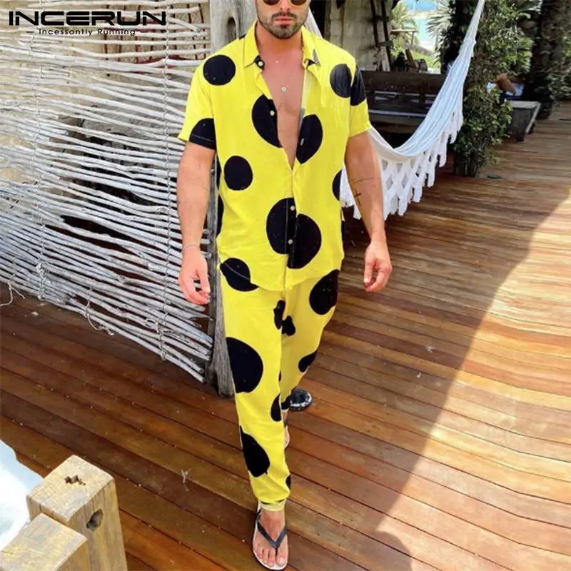 INCERUN Men Sets Polka Dot Print Lapel Short Sleeve Shirt Elastic Waist Pants 2021 Streetwear Fashion Men Casual Suits 2 Pieces
INCERUN Men Sets Polka Dot Print Lapel Short Sleeve Shirt Elastic Waist Pants 2021 Streetwear Fashion Men Casual Suits 2 Pieces