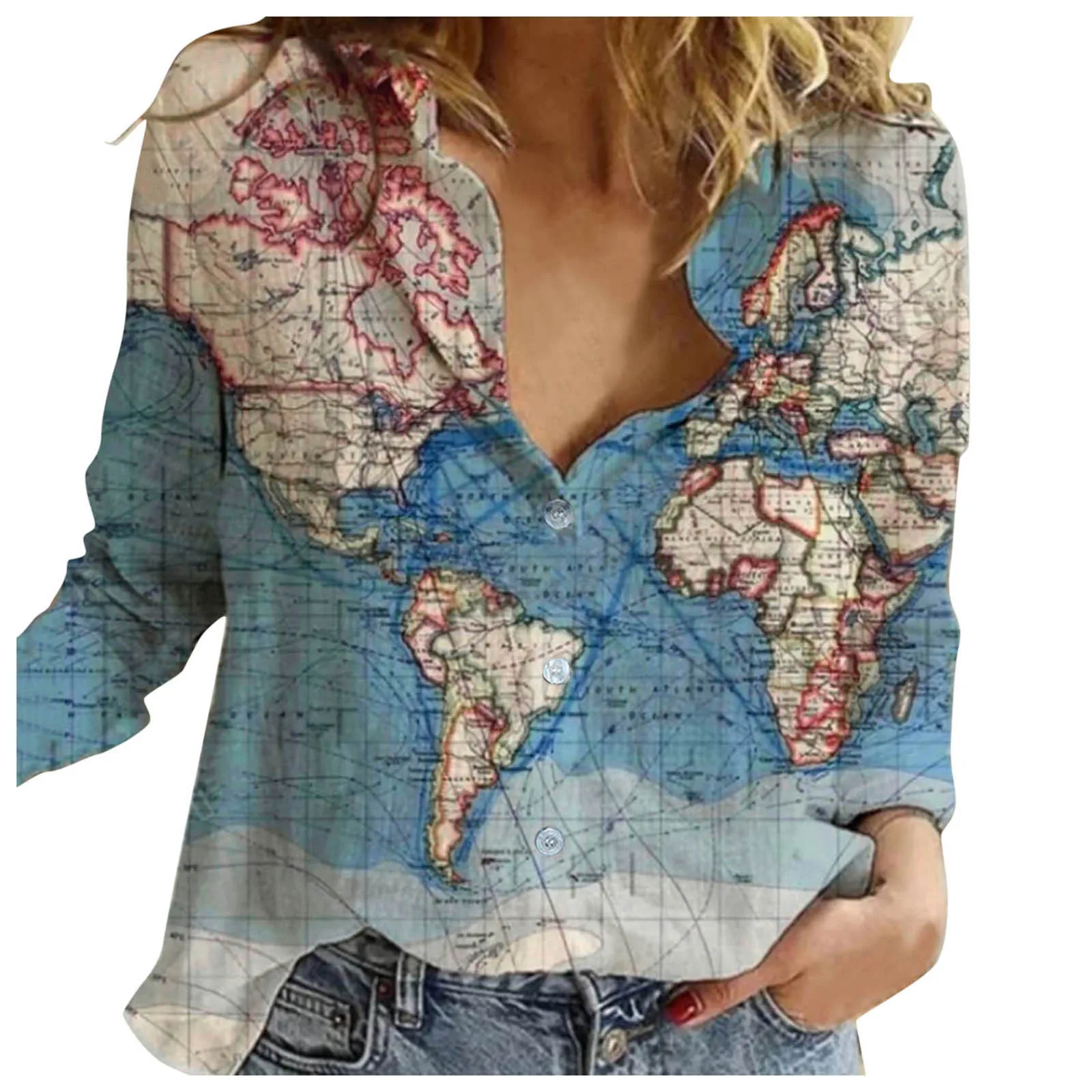 

Блузка Женская с принтом карты мира, модная Свободная Повседневная Рубашка с лацканами, на пуговицах, уличная одежда с длинным рукавом, Топ