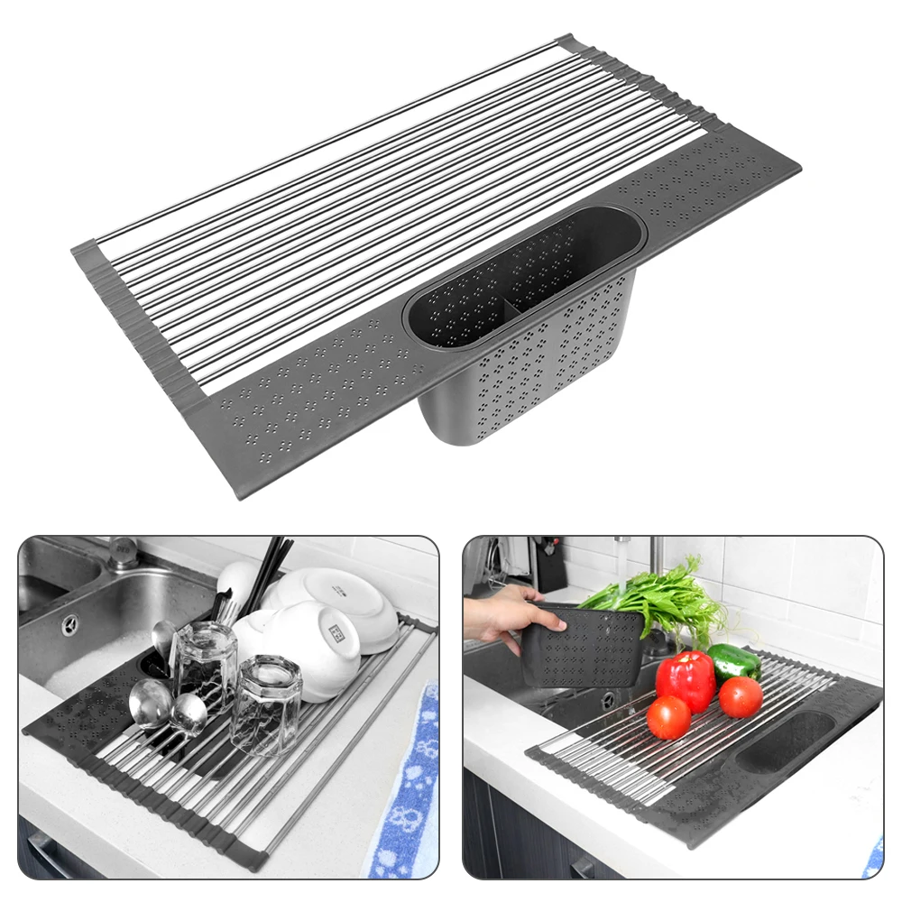 

Multi-Use Kitchen Drying Rack Over Sink Roll-up Dish Drying Rack Foldable Fruit Vegetable Meat Organizer Tray Drainer Dropship