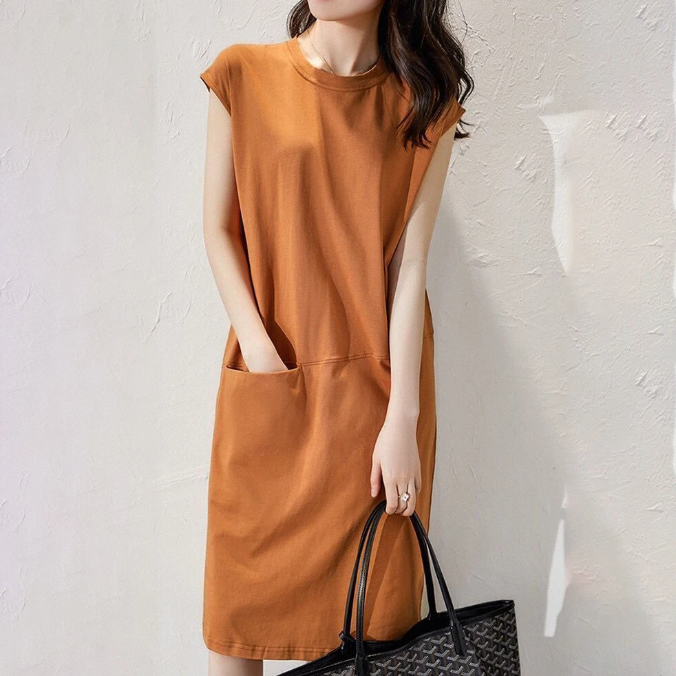 Summer new short sleeve women's fashion loose thin solid color sleeveless T-shirt dress medium length dress elegant 
Summer new short sleeve women's fashion loose thin solid color sleeveless T-shirt dress medium length dress elegant