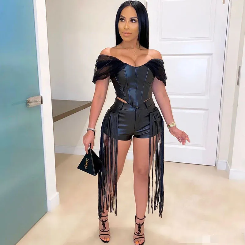 Tassel PU Leather 2 Piece Set Women Clothes Slash Neck Cap Sleeve Crop Top and Shorts Suit Sexy Bodycon Party Night Club Outfits
Tassel PU Leather 2 Piece Set Women Clothes Slash Neck Cap Sleeve Crop Top and Shorts Suit Sexy Bodycon Party Night Club Outfits