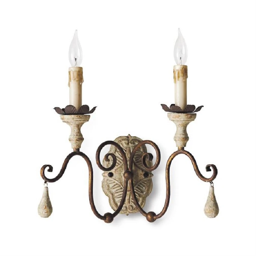 

French country wood wall lamps living room aisle retro nostalgic French light iron two heads candle wall sconces lights fixtures
