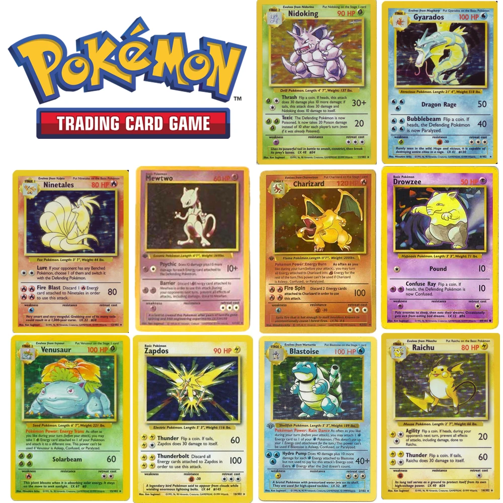 Pokemon 11PCS Cards DIY Charizard Ninetales Mewtwo Pikachu HP Mew Vulpix Zapdos Blastoise Flash Cards Game Collectible Toys
Pokemon 11PCS Cards DIY Charizard Ninetales Mewtwo Pikachu HP Mew Vulpix Zapdos Blastoise Flash Cards Game Collectible Toys