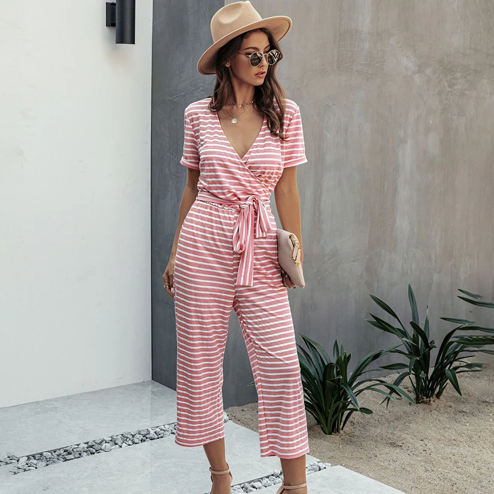 Women Summer Casual Striped Loose Jumpsuits Short Sleeve V Neck T-shirts Fashion Suit Slim Lace Up High Waist Playsuits Rompers
Women Summer Casual Striped Loose Jumpsuits Short Sleeve V Neck T-shirts Fashion Suit Slim Lace Up High Waist Playsuits Rompers
