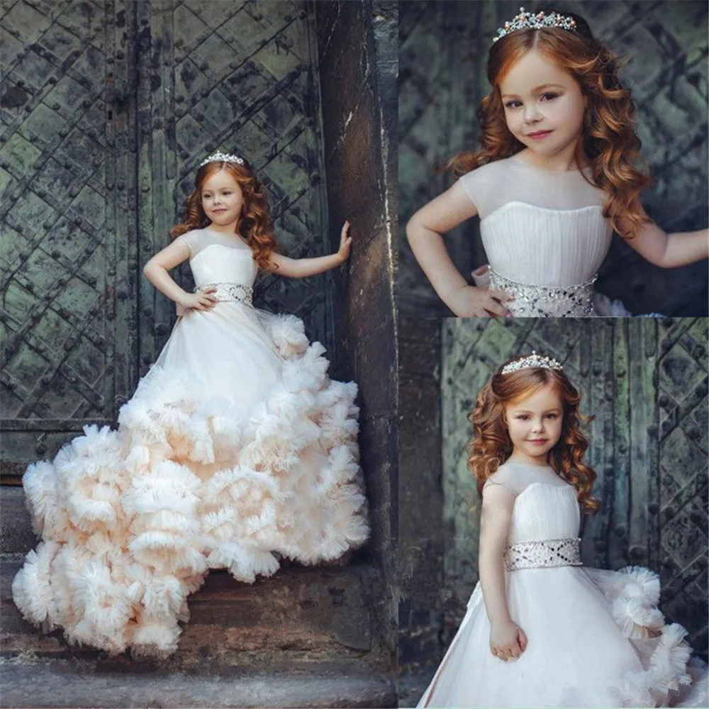 Fashion Flower Girl Dresses Cascading Tulle For Kids Pageant Ball Gowns Feathers Girls First Holy Communion | Свадьбы и торжества