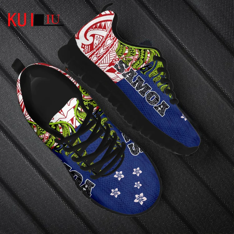 

KUILIU Plumeria Floral Shoes Women Casual Mesh Sneakers Flats Shoe Blue Samoan Tribal Print Brand Light Weight Footwear Zapatos