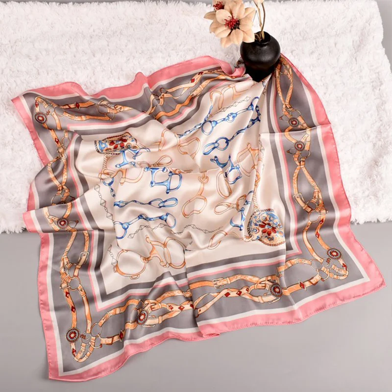 2020 new European and American fashion chain satin silk 70*70cm square silk scarves for ladies