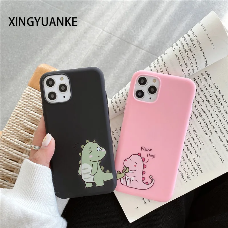 

Cute Couples Dinosaur Silicone Cover For iPhone 12 13 Mini 11 14 Pro Max X XR XS Max 7 8 6 6s Plus 5 5s SE 2020 Candy Color Case