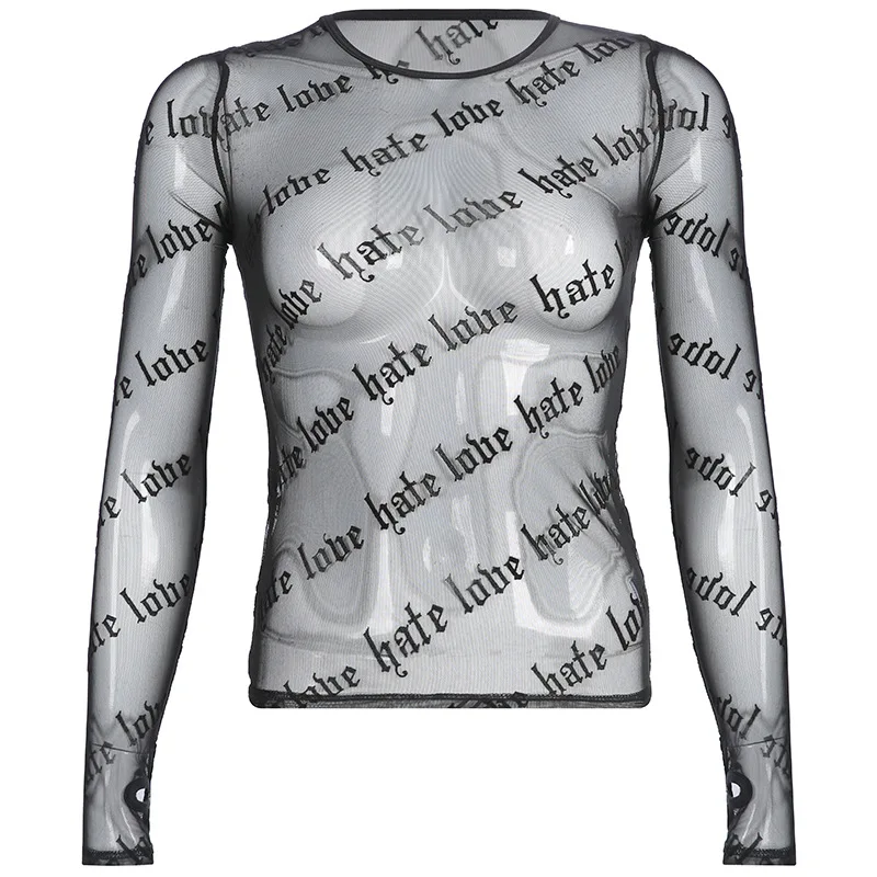 2021 Summer New Fashion Black Sexy Perspective T-Shirt Round Neck Long Sleeve Mesh Letters Printed Tops HT4367V02
2021 Summer New Fashion Black Sexy Perspective T-Shirt Round Neck Long Sleeve Mesh Letters Printed Tops HT4367V02