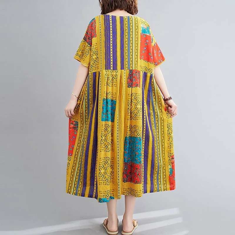 Oversized Women Cotton Casual Dress New Arrival 2021 Summer Vintage Style O-neck Print Loose Female Holiday Long Dresses S3295 
Oversized Women Cotton Casual Dress New Arrival 2021 Summer Vintage Style O-neck Print Loose Female Holiday Long Dresses S3295