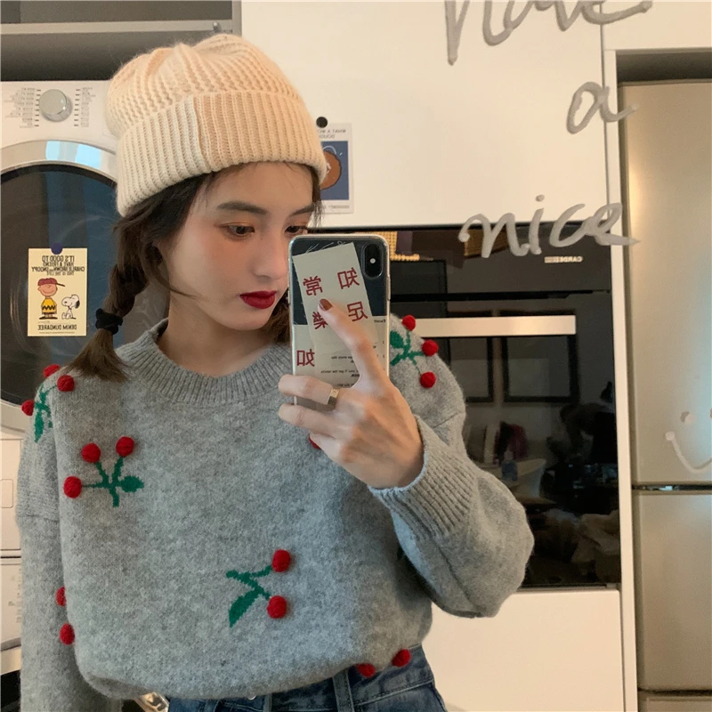 Handmade Cherry Loose Knit Sweater Top Thickened Cropped Sweater Women Kawaii Pullovers Autumn Donna Maglioni Clothes EB50DL
Handmade Cherry Loose Knit Sweater Top Thickened Cropped Sweater Women Kawaii Pullovers Autumn Donna Maglioni Clothes EB50DL