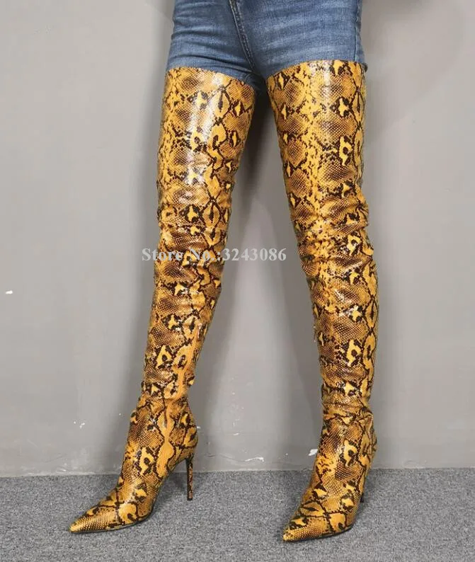 Модные дизайнерские женские высокие сапоги до бедра с принтом змеиной кожи, привлекательные Сапоги выше колена с острым носком на шпильке, женские настоящие фотографии 
Модные дизайнерские женские высокие сапоги до бедра с принтом змеиной кожи, привлекательные Сапоги выше колена с острым носком на шпильке, женские настоящие фотографии