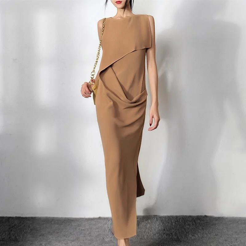 

New Summer French Niche Design Asymmetric Nude Women's Sleeveless Sexy Dress Women Advanced Long Skirt Vestido Vfemage Vintage