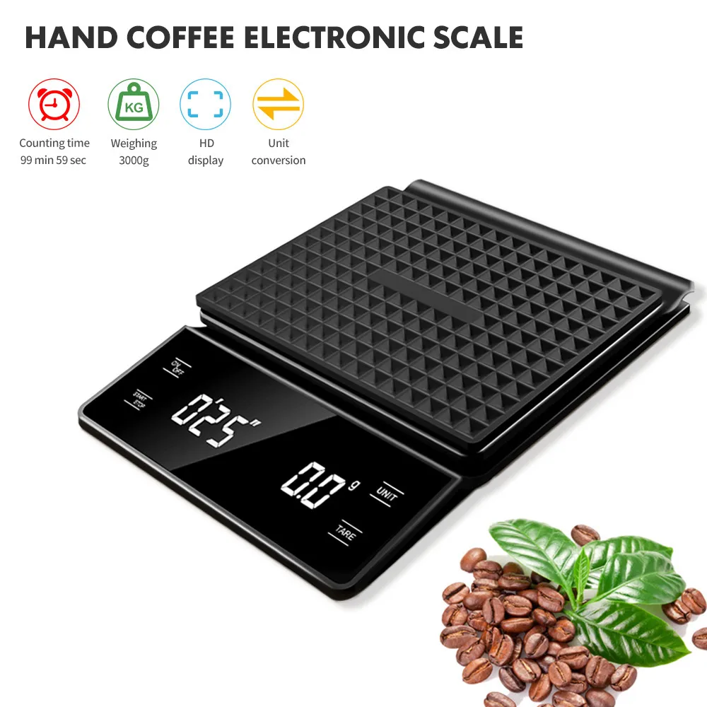 

Цифровые электронные весы для кофе, кухонные весы с таймером и светодиодным дисплеем, бытовые весы, измерительные инструменты 3 кг/0,1 г