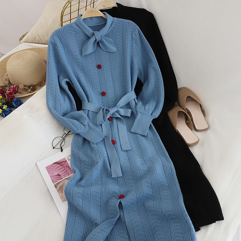Black/Blue Bow Collar Knitted Dress Women Casual Long Sleeve Single Breasted Dresses Female Vestidos With Sashes Autumn Winter
Black/Blue Bow Collar Knitted Dress Women Casual Long Sleeve Single Breasted Dresses Female Vestidos With Sashes Autumn Winter