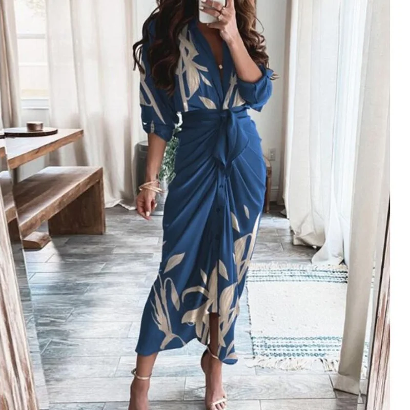 Summer Fashion Printed Shirring Long Sleeve High Waist Lace Up Women Elegant Dress Maxi Dress Club & Party Dress 
Summer Fashion Printed Shirring Long Sleeve High Waist Lace Up Women Elegant Dress Maxi Dress Club & Party Dress