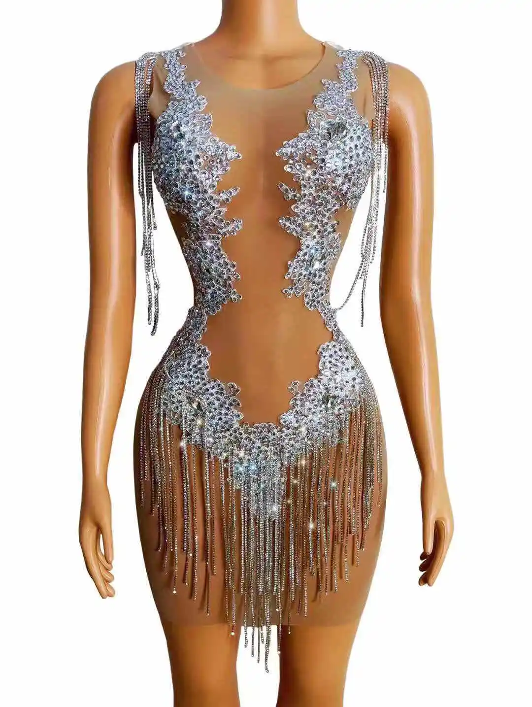 Sparkly Silver Rhinestones Chain Dress Sexy Transparent Birthday Prom Celebrate Birthday Dress Bar Evening Women Singer Dress
Sparkly Silver Rhinestones Chain Dress Sexy Transparent Birthday Prom Celebrate Birthday Dress Bar Evening Women Singer Dress