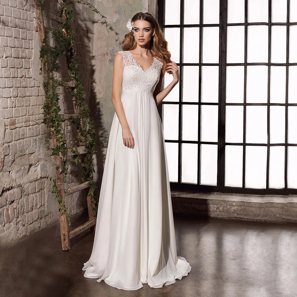 Simple Floor Length No Tail A Line Sleeveless Wedding Dress Chiffon Lace V Neck Lace Up Applique Bridal Gown Robe De Soriee 
Simple Floor Length No Tail A Line Sleeveless Wedding Dress Chiffon Lace V Neck Lace Up Applique Bridal Gown Robe De Soriee