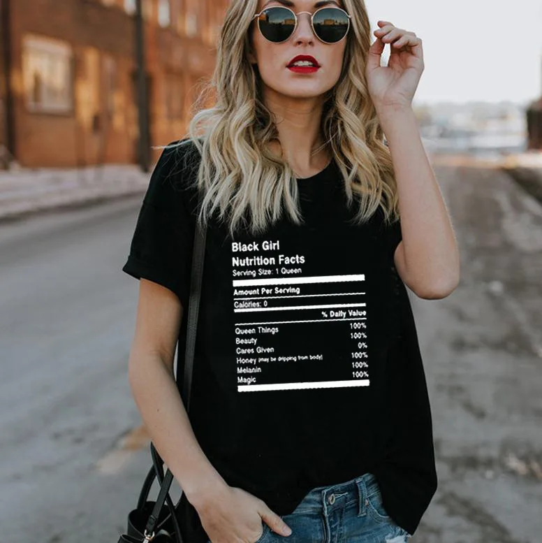 Black Girl Nutrition Facts Letter Print T Shirt Women Short Sleeve O Neck Loose Tshirt Summer Women Tee Shirt Tops Clothes
Black Girl Nutrition Facts Letter Print T Shirt Women Short Sleeve O Neck Loose Tshirt Summer Women Tee Shirt Tops Clothes
