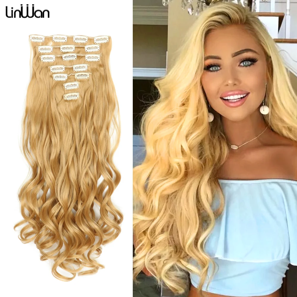 

linwan Synthetic Clip On Hair Extension 7Pcs/Set 22inch Straight Hairpiece Curly 16 Clips In Hair Ombre Heat Resistant Fiber