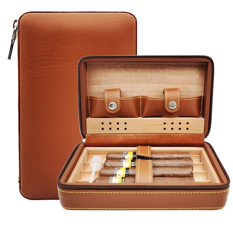 

Кедровый увлажнитель для сигар, кожаная дорожная коробка, чехол для сигар, 4 сигары, сумочка, увлажнитель