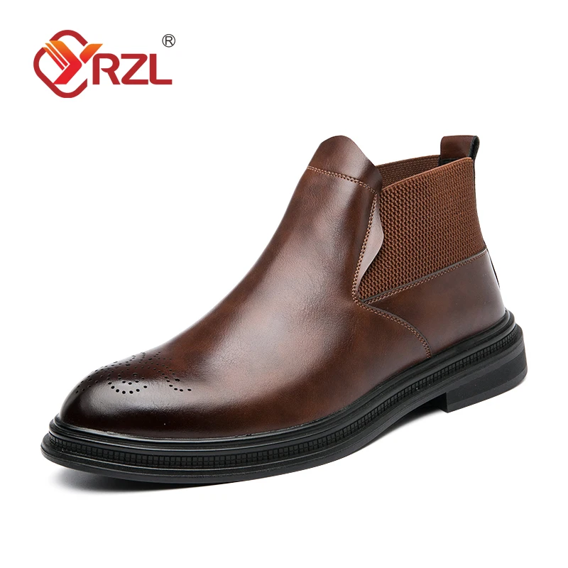 

YRZL Mens Leather Boots High-top Classic Casual Business Shoes High Quality Brock Carved English Chelsea Boots Plus Size Shoes