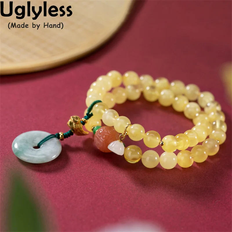 

Uglyless Luxury Natural Amber Beeswax Bracelets for Women Adjustable Elastic 2 Layers Gemstones Bijoux Jadeite 925 Silver Bird