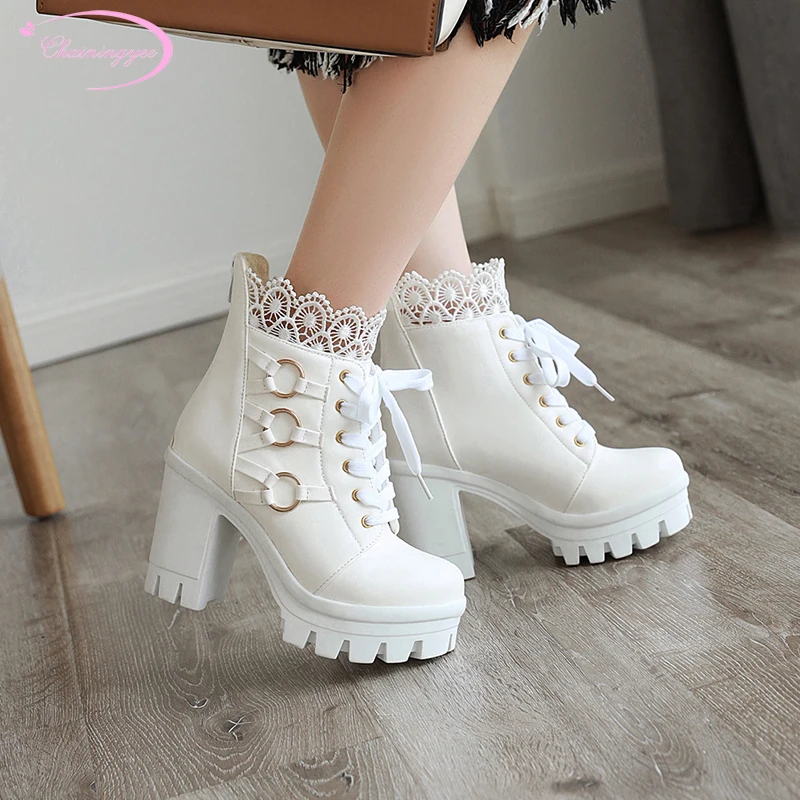 Party style round toe ankle boots fashion buckled lace-up platform white black chunky high-heeled riding boots women's shoes
Party style round toe ankle boots fashion buckled lace-up platform white black chunky high-heeled riding boots women's shoes