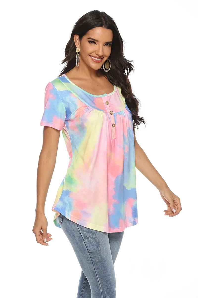 New Tie Dye Gradient Women T-shirt Casual Loose V-Neck Ladies Button Tees Tops Soft T Shirt Summer Short Sleeve Streetwear Top
New Tie Dye Gradient Women T-shirt Casual Loose V-Neck Ladies Button Tees Tops Soft T Shirt Summer Short Sleeve Streetwear Top