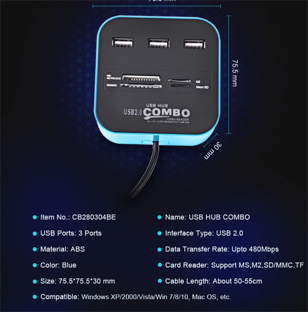 All-In-One Combo Multi-Function USB2.0 Card Reader Hub With Hub Splitter High Speed USB2.0 Hub 3 Ports with Card Reader Mini Hub
All-In-One Combo Multi-Function USB2.0 Card Reader Hub With Hub Splitter High Speed USB2.0 Hub 3 Ports with Card Reader Mini Hub