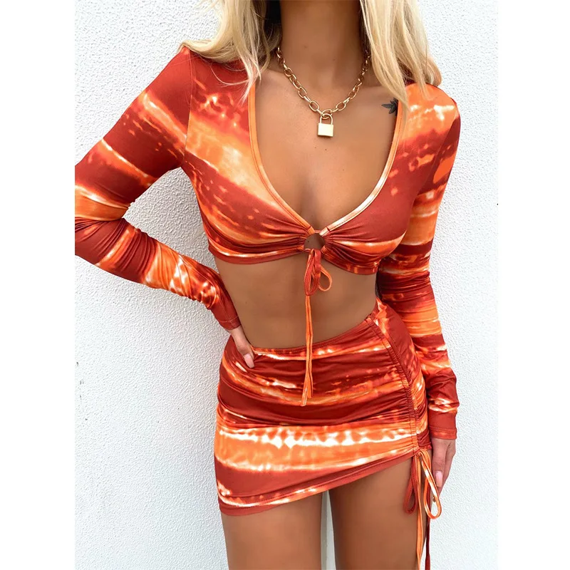 

wsevypo Women Sexy Two-piece Skirts Suit Sets Tie Dyed Clubwear Long Sleeve Drawstring Crop Tops+Ruched Mini Skirt Lady Outfits