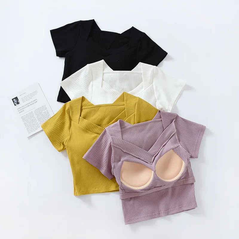Solid Color Cotton Short-sleeved V-neck T-shirt with Chest Pad and Navel Exposed Long Sleeve Summer Tops for Women 2020
Solid Color Cotton Short-sleeved V-neck T-shirt with Chest Pad and Navel Exposed Long Sleeve Summer Tops for Women 2020
