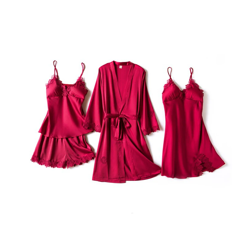 

4 PCS Nightie Gown Set Women Nightshirts V-Neck Pajamas Lace Sleepwear Sleep Robe Spring Bathrobe Wear Home Suit Negligee